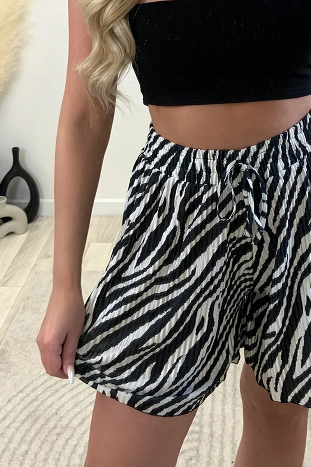 Sally Black and White Plisse Zebra Print Floaty Shorts