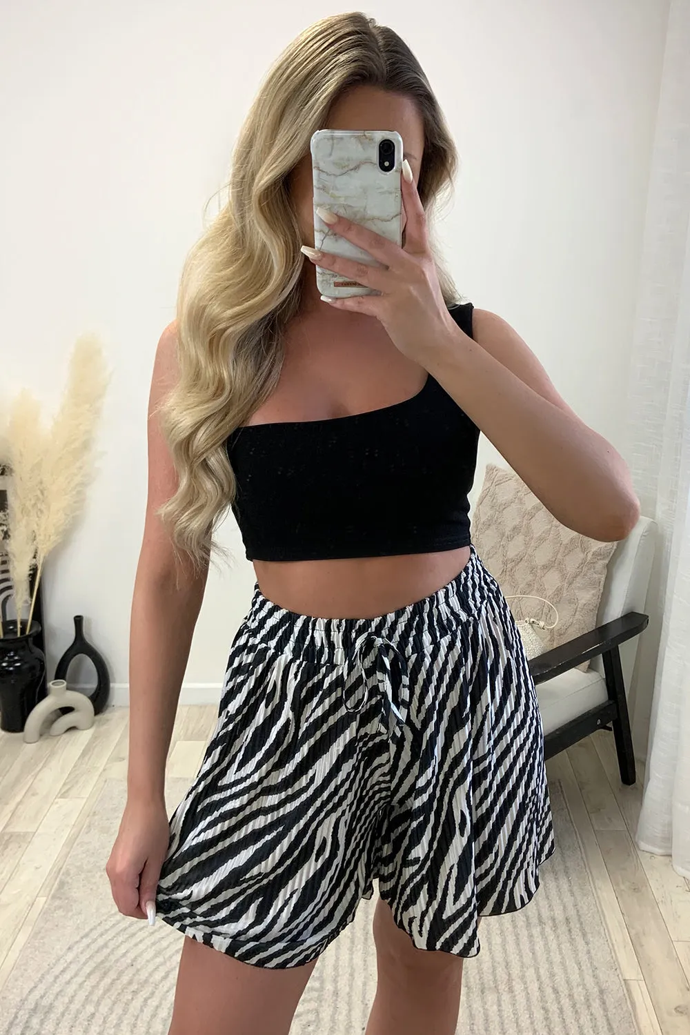 Sally Black and White Plisse Zebra Print Floaty Shorts