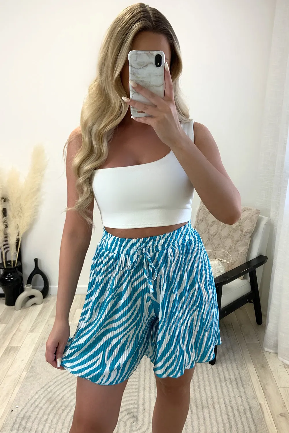 Sally Blue and White Plisse Zebra Print Floaty Shorts