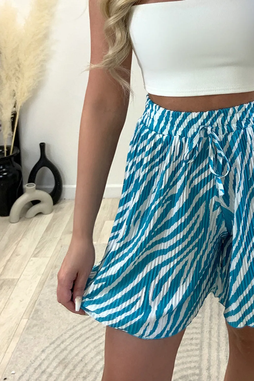 Sally Blue and White Plisse Zebra Print Floaty Shorts