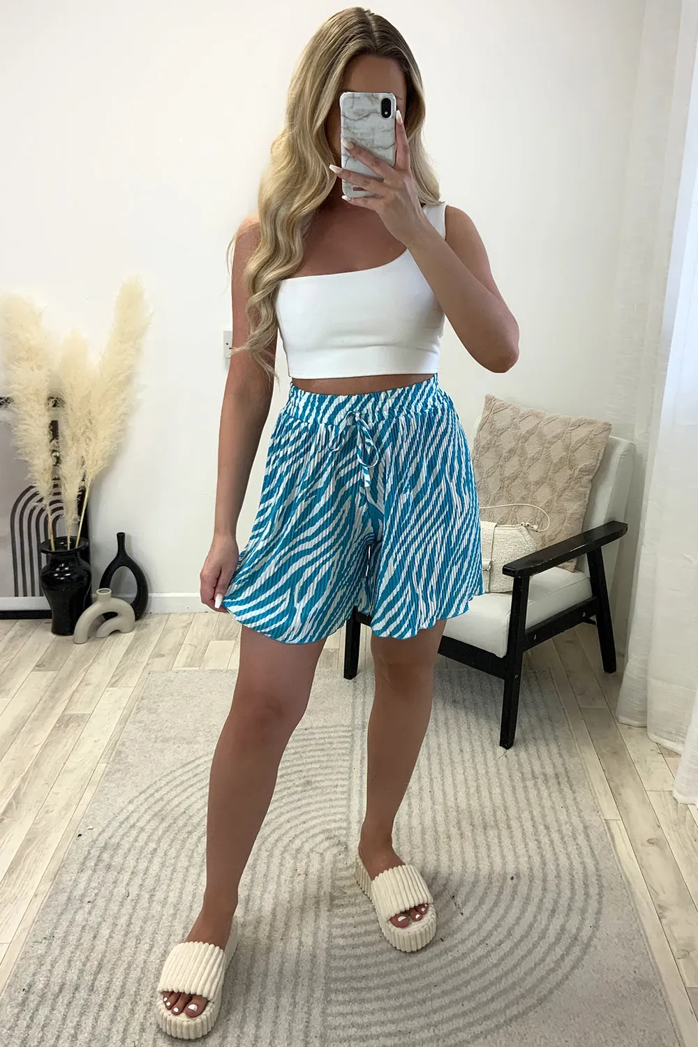 Sally Blue and White Plisse Zebra Print Floaty Shorts