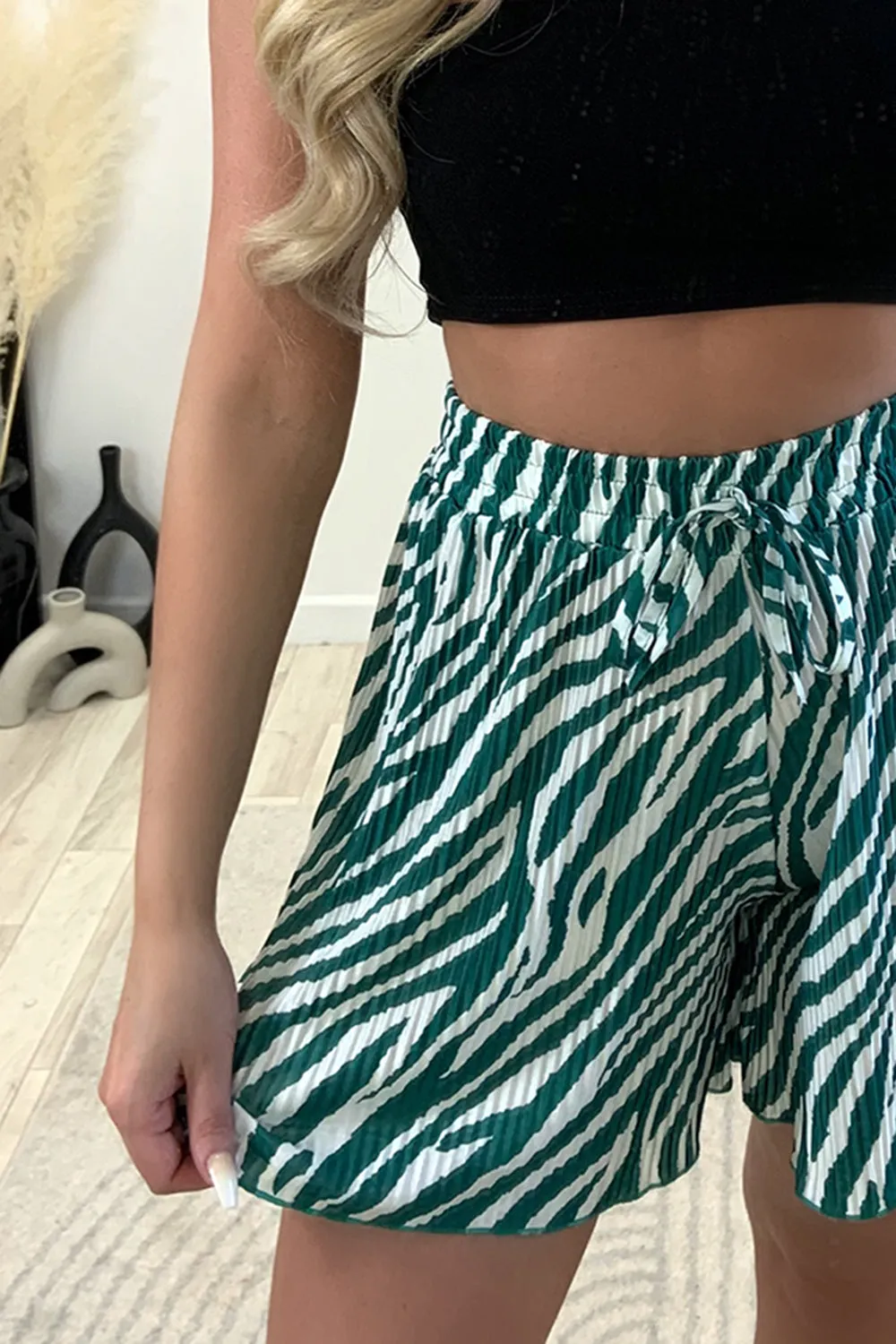 Sally Green and White Plisse Zebra Print Floaty Shorts