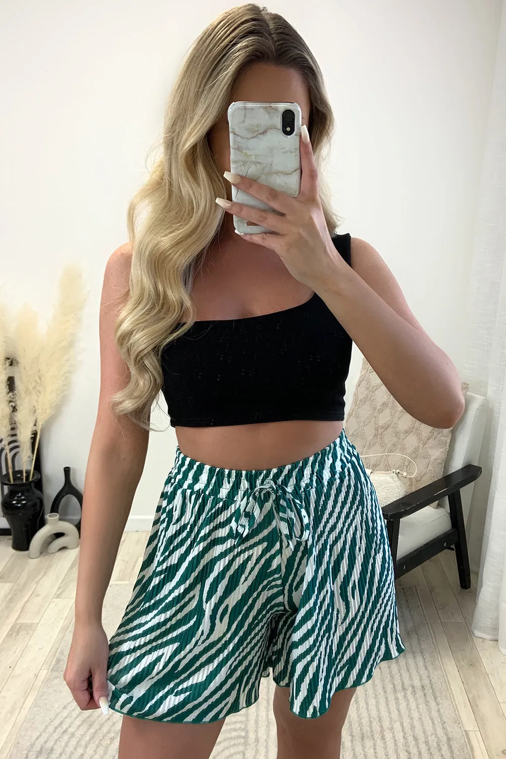 Sally Green and White Plisse Zebra Print Floaty Shorts