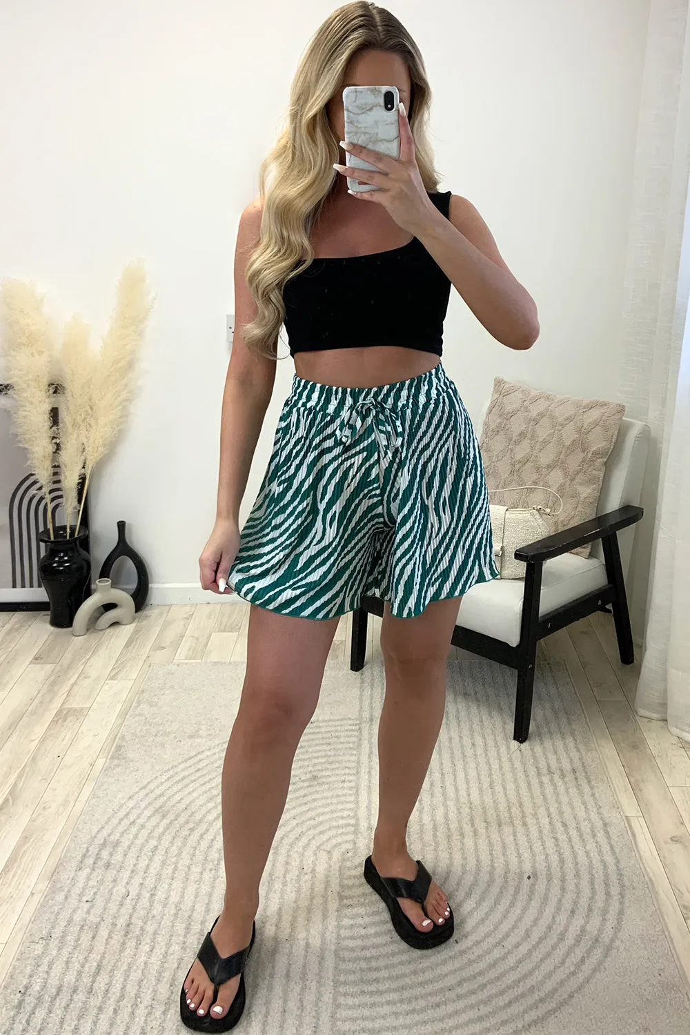 Sally Green and White Plisse Zebra Print Floaty Shorts