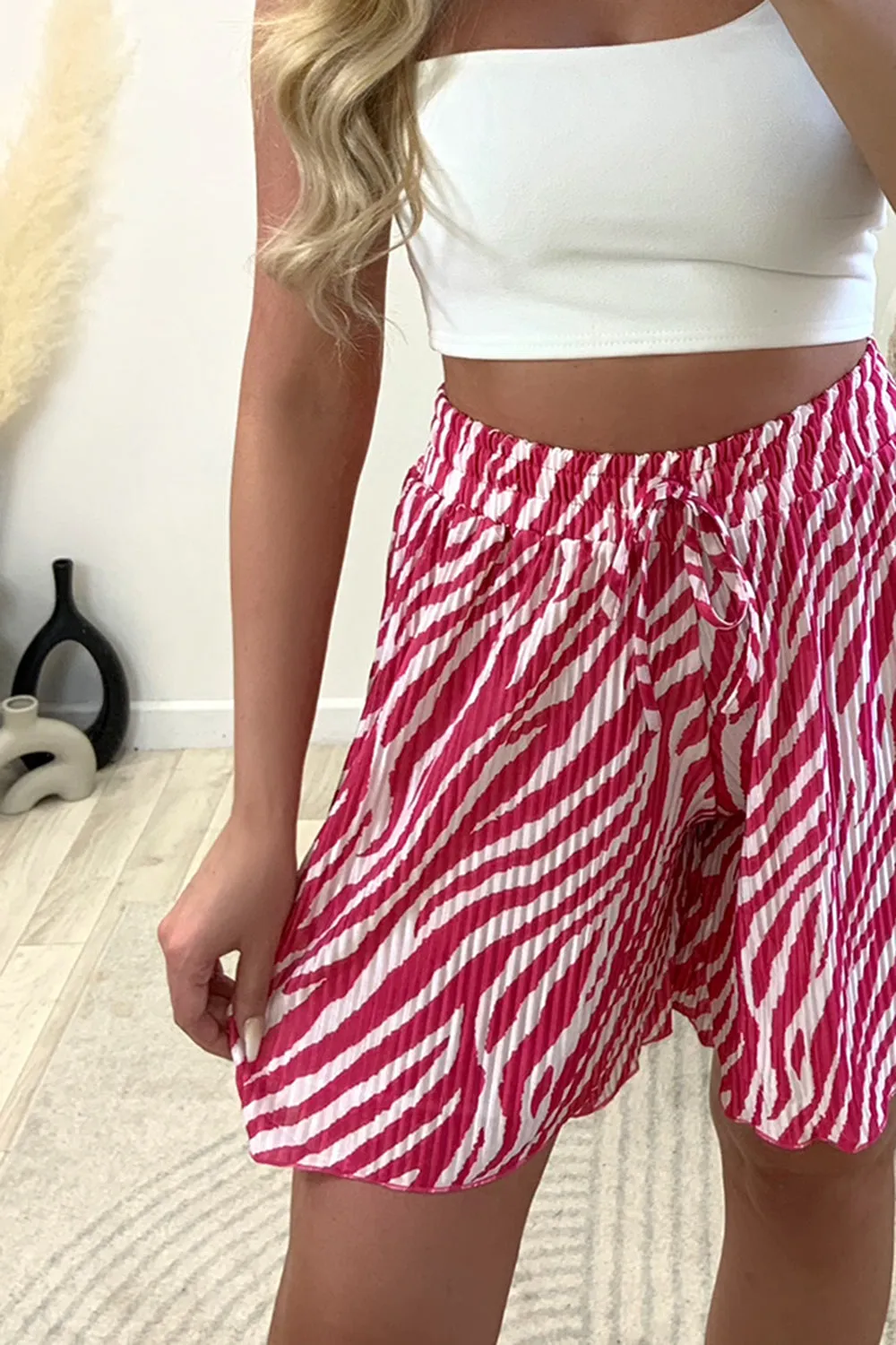 Sally Pink and White Plisse Zebra Print Floaty Shorts