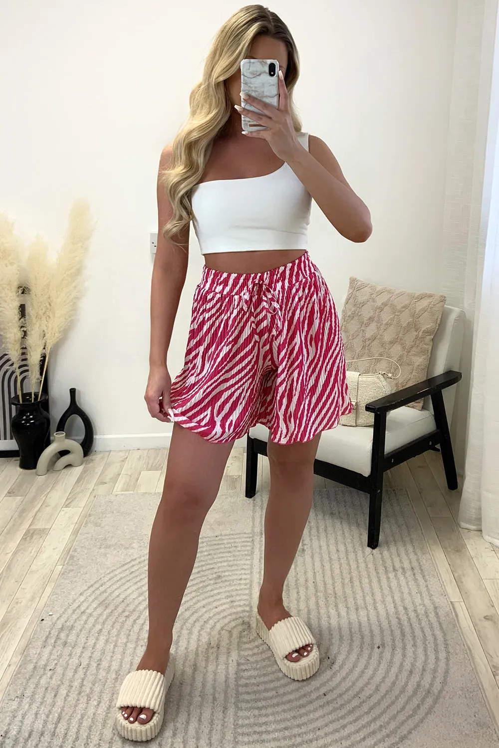 Sally Pink and White Plisse Zebra Print Floaty Shorts