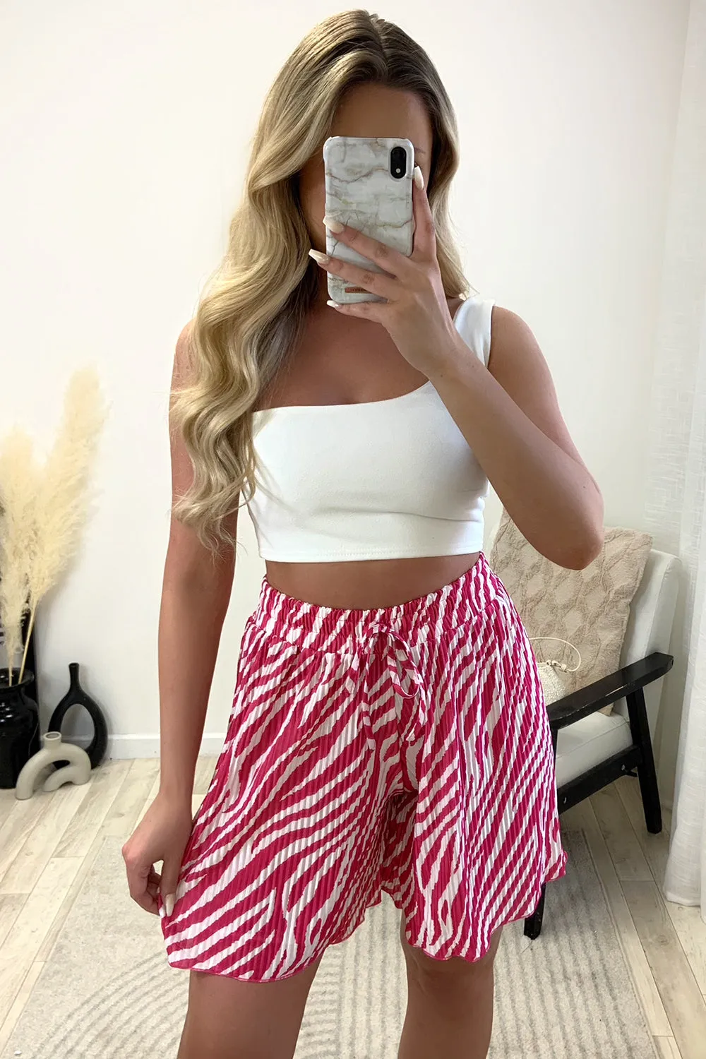 Sally Pink and White Plisse Zebra Print Floaty Shorts