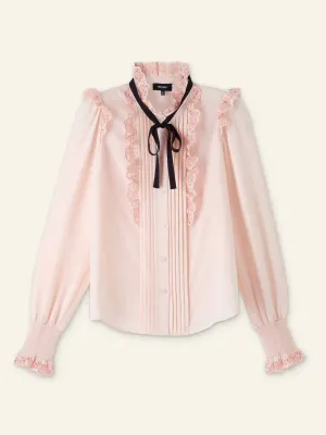 Silk broderie trim blouse with tie