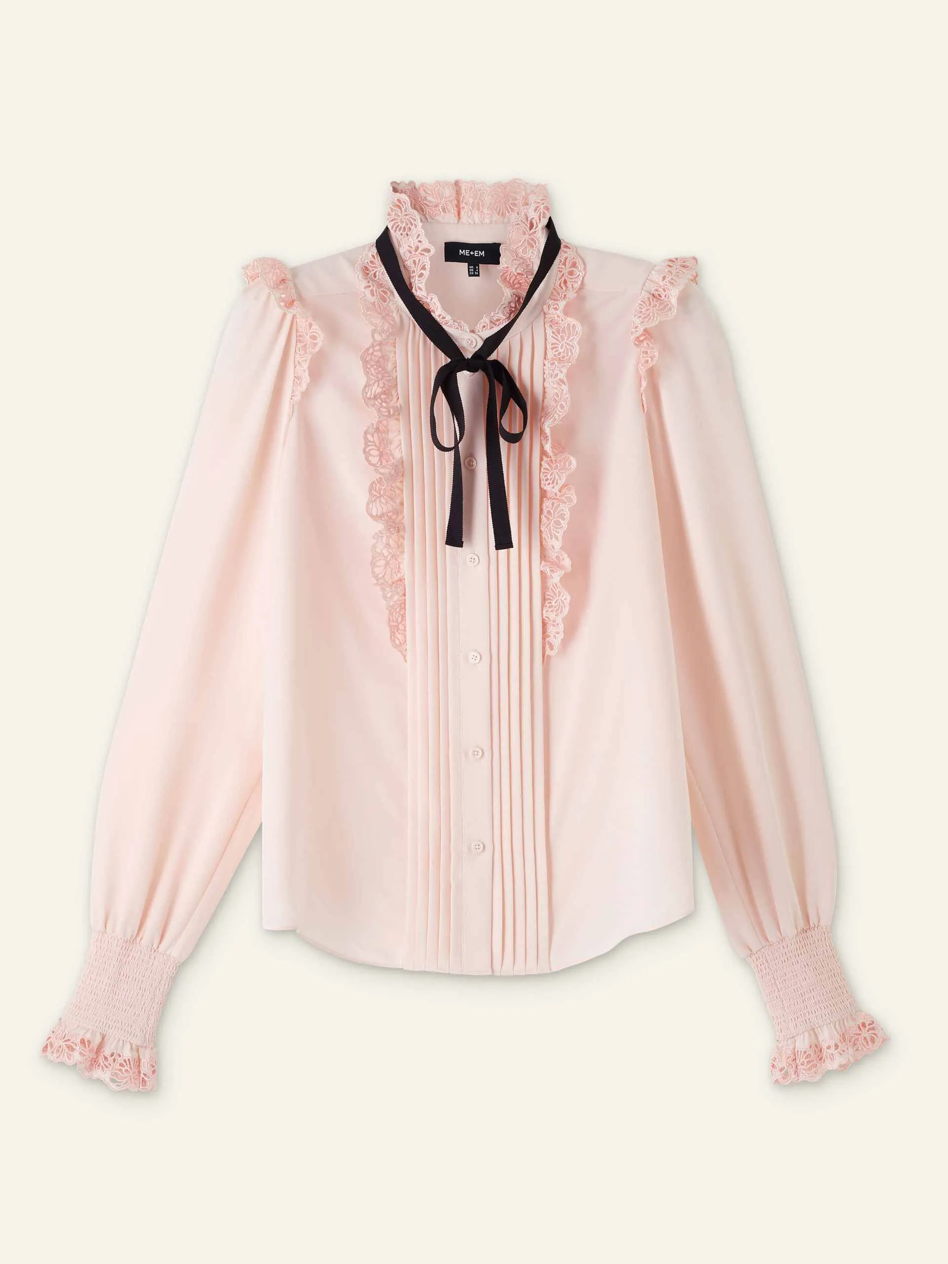 Silk broderie trim blouse with tie