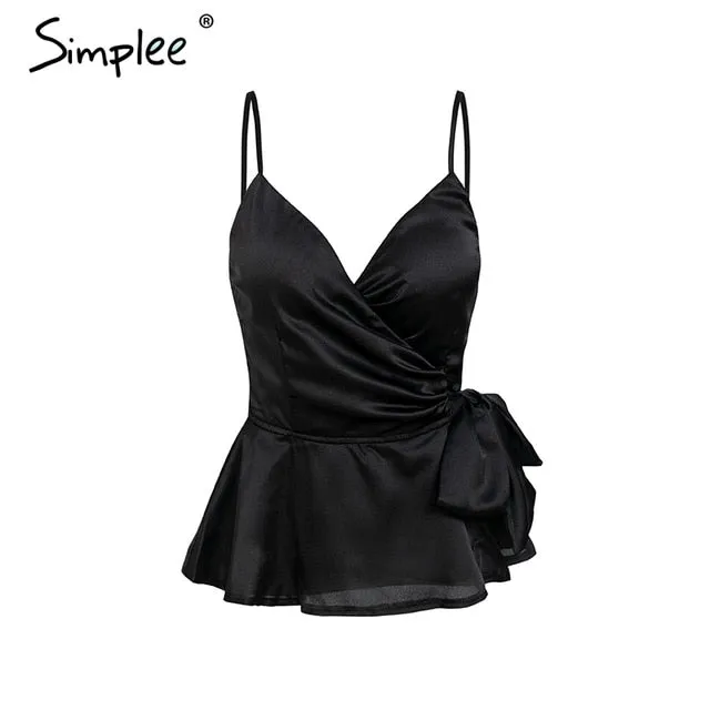 Simplee Sexy v neck wrap satin peplum top women