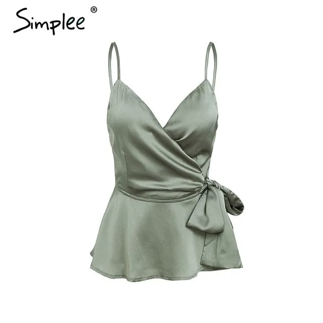 Simplee Sexy v neck wrap satin peplum top women