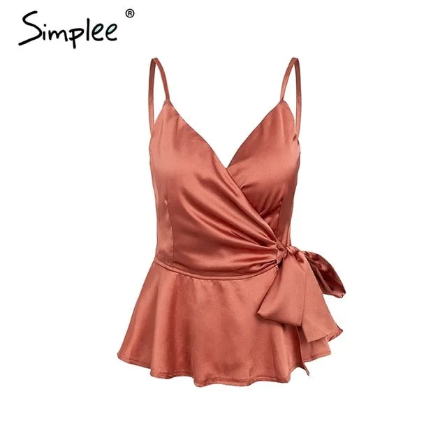Simplee Sexy v neck wrap satin peplum top women