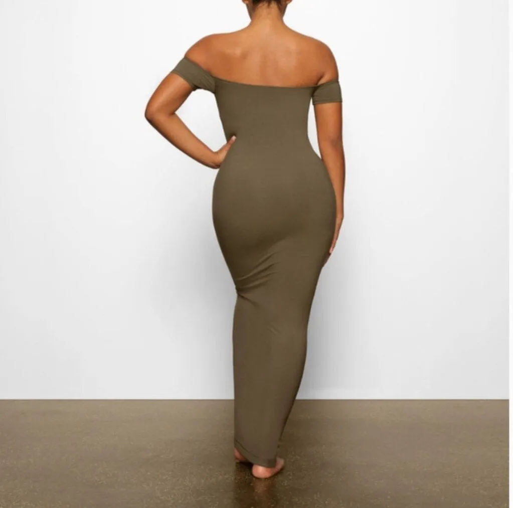 Skims Soft Lounge Off The Shoulder Dress In Army Green - Size Large