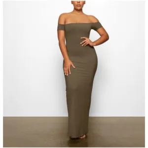 Skims Soft Lounge Off The Shoulder Dress In Army Green - Size Large