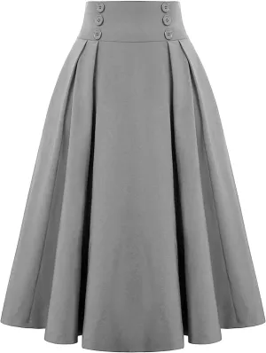 Skirts for Women 2024 Loose Hem Half Length Pleated Skirt Elastic Waist Flowy a Line Long Skirts with Buttons