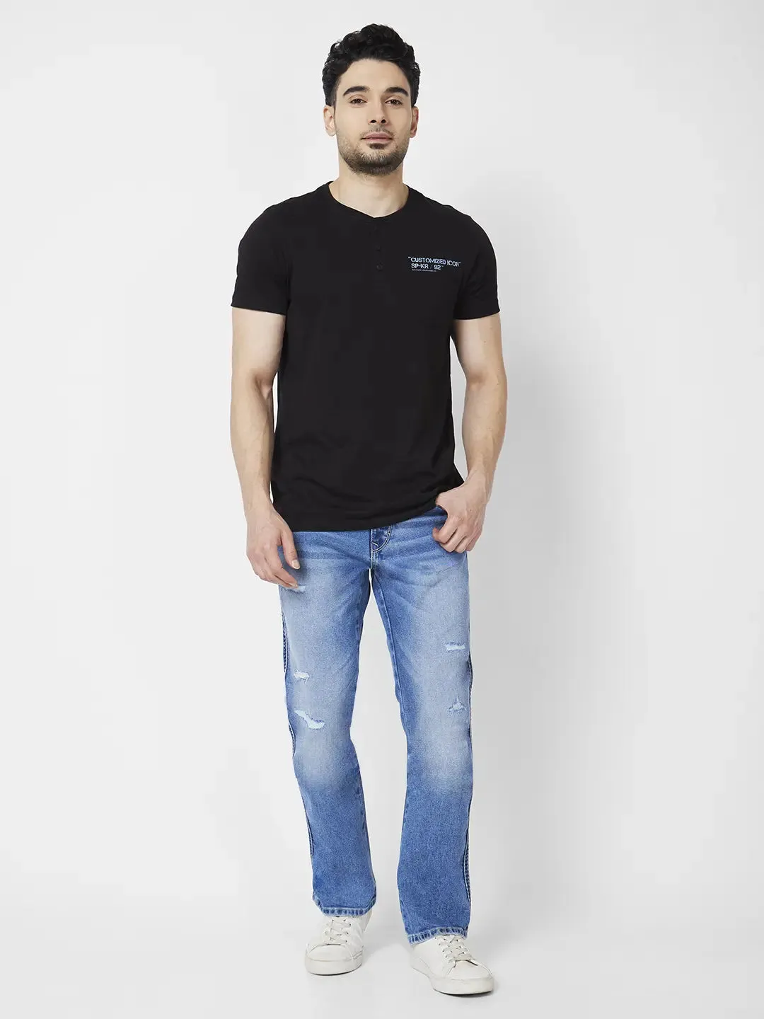 Spykar Men Mid Blue Cotton Comfort Fit Regular Length Mild Distressed Mid Rise Jeans (Rafter)
