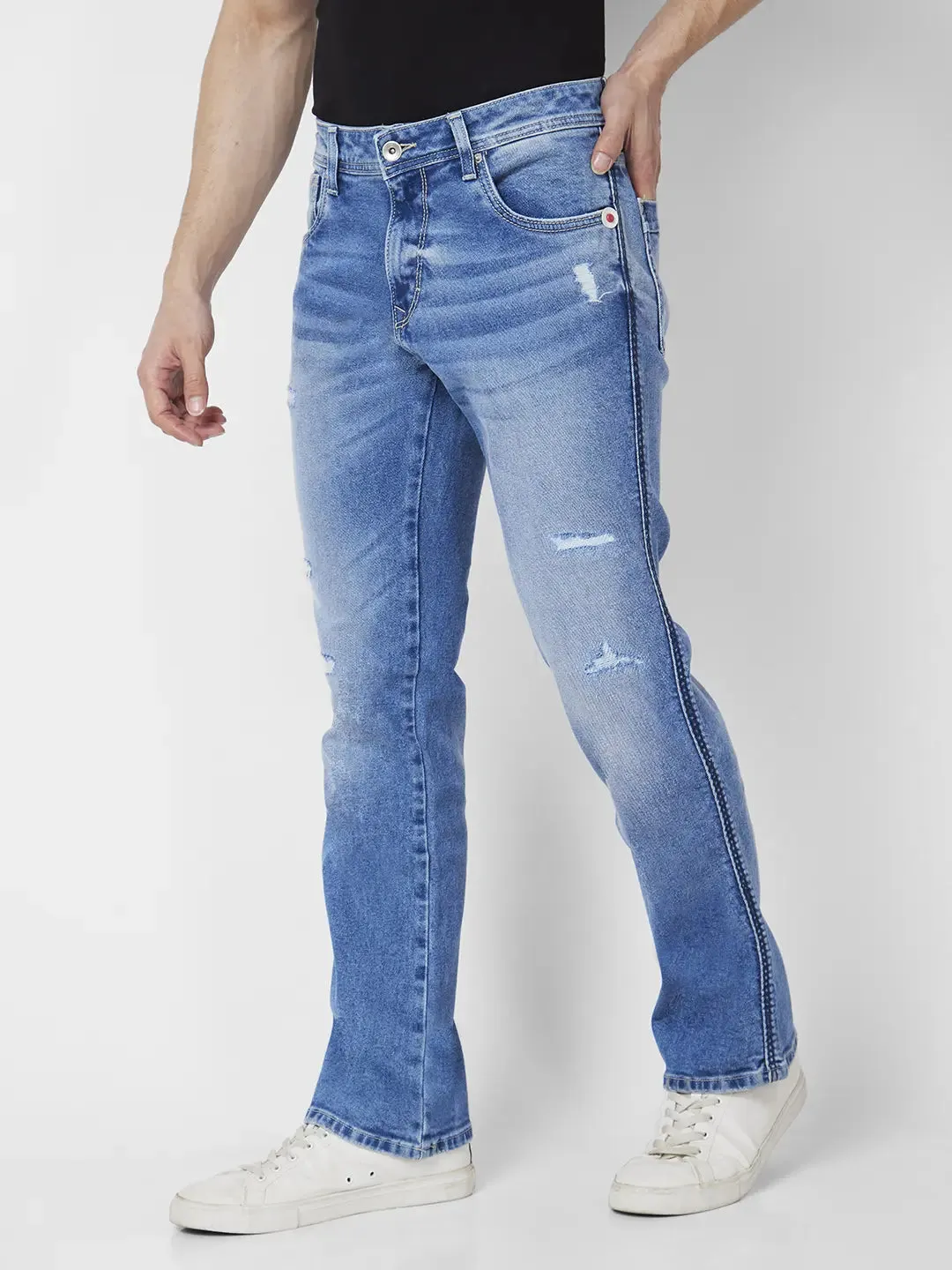 Spykar Men Mid Blue Cotton Comfort Fit Regular Length Mild Distressed Mid Rise Jeans (Rafter)