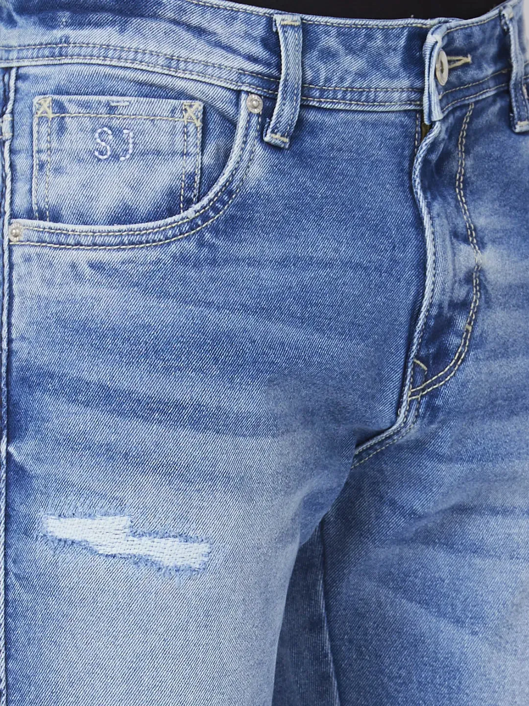 Spykar Men Mid Blue Cotton Comfort Fit Regular Length Mild Distressed Mid Rise Jeans (Rafter)