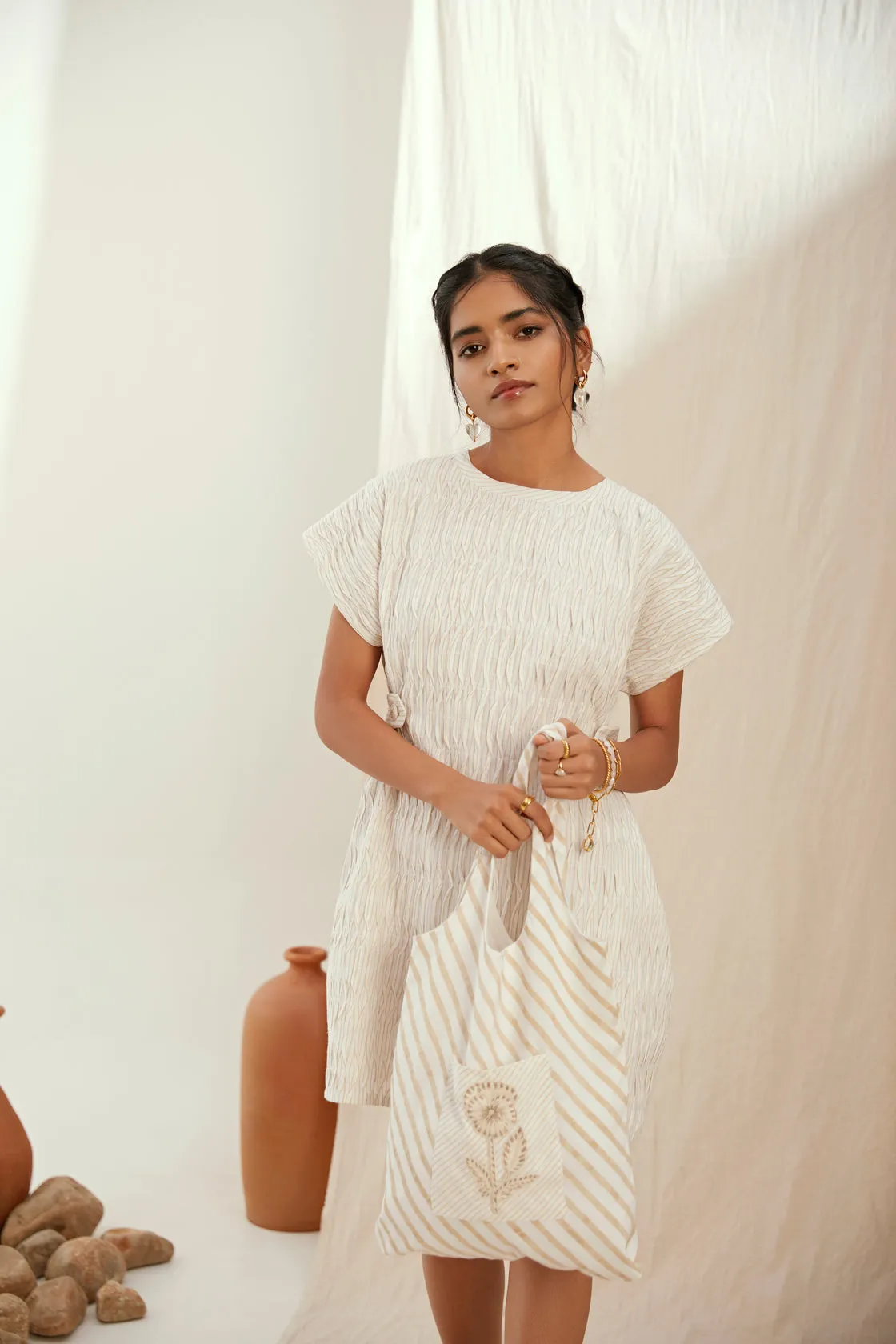 Stripe printed short cotton dress