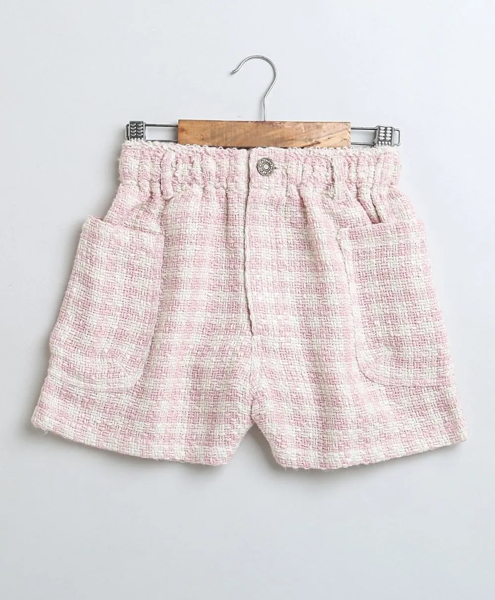 Stylish Solid White Viscose Top & Baby-Pink Cotton Tweed Jacquard Shorts Set