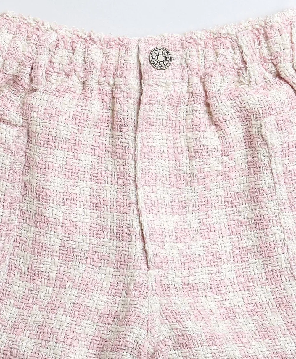 Stylish Solid White Viscose Top & Baby-Pink Cotton Tweed Jacquard Shorts Set