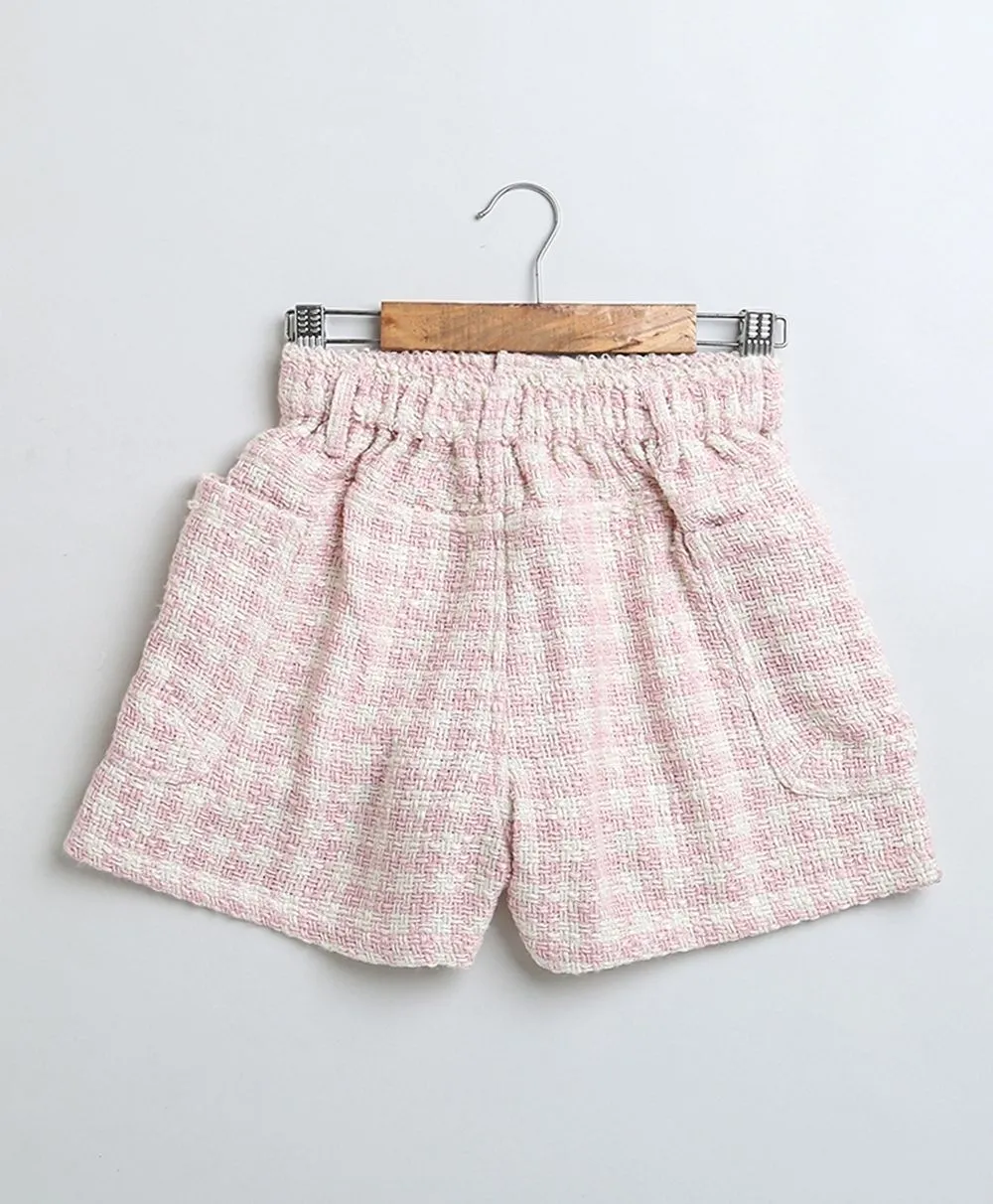 Stylish Solid White Viscose Top & Baby-Pink Cotton Tweed Jacquard Shorts Set