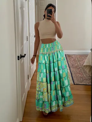 Summer Jungle Green Floral Beach Maxi Skirt Patchwork Boho Skirt Dress S/M