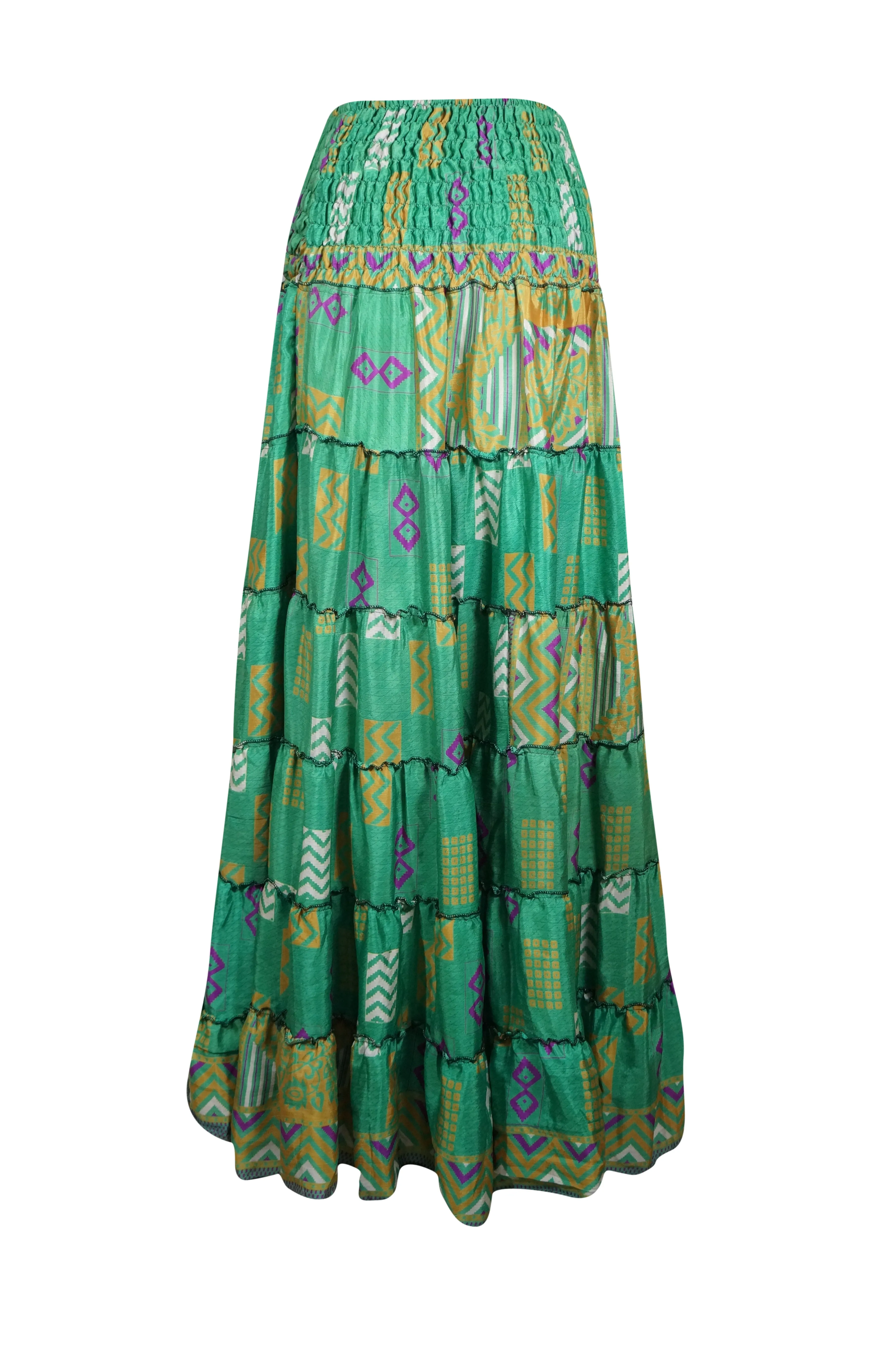 Summer Jungle Green Floral Beach Maxi Skirt Patchwork Boho Skirt Dress S/M