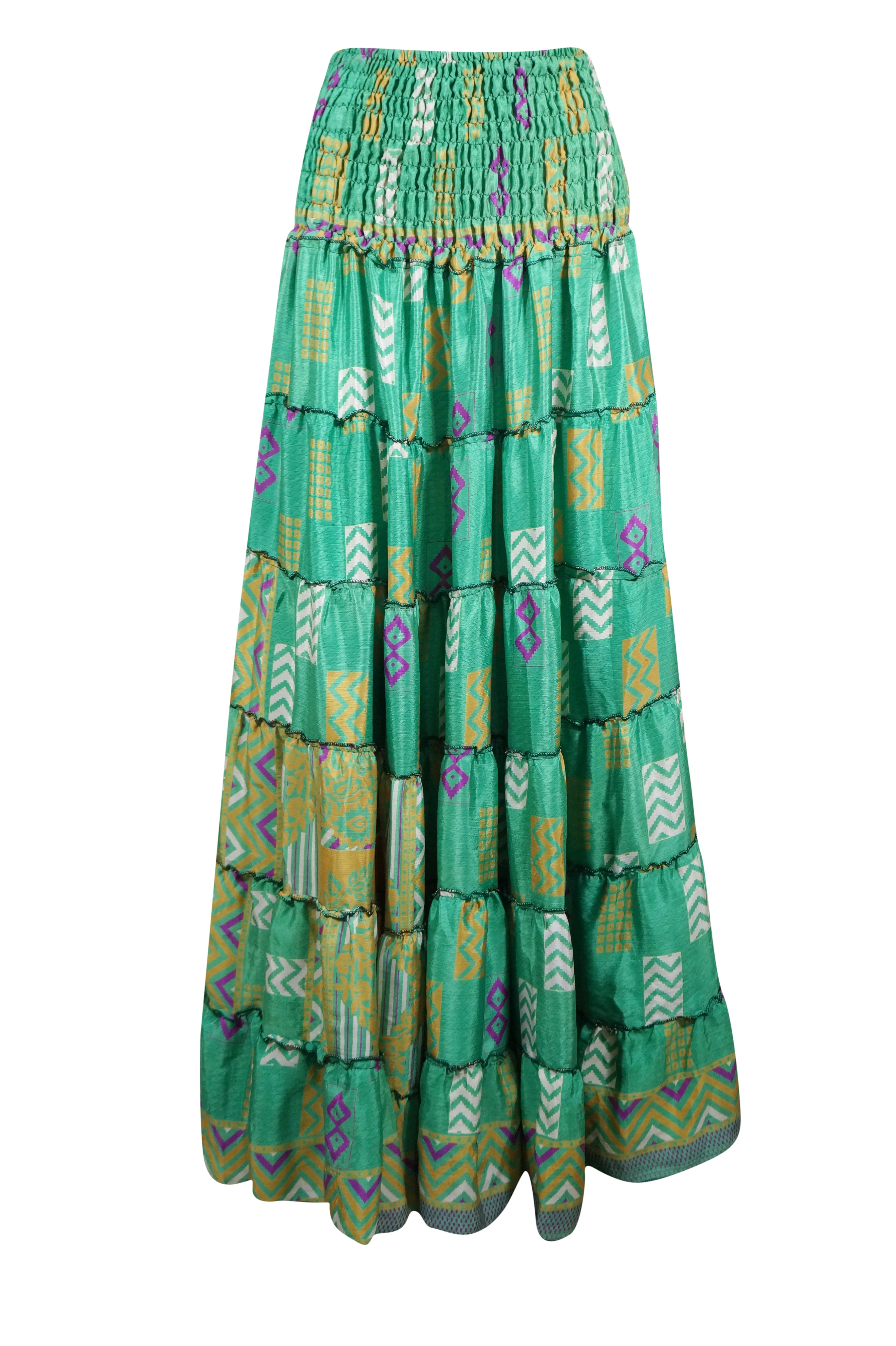 Summer Jungle Green Floral Beach Maxi Skirt Patchwork Boho Skirt Dress S/M