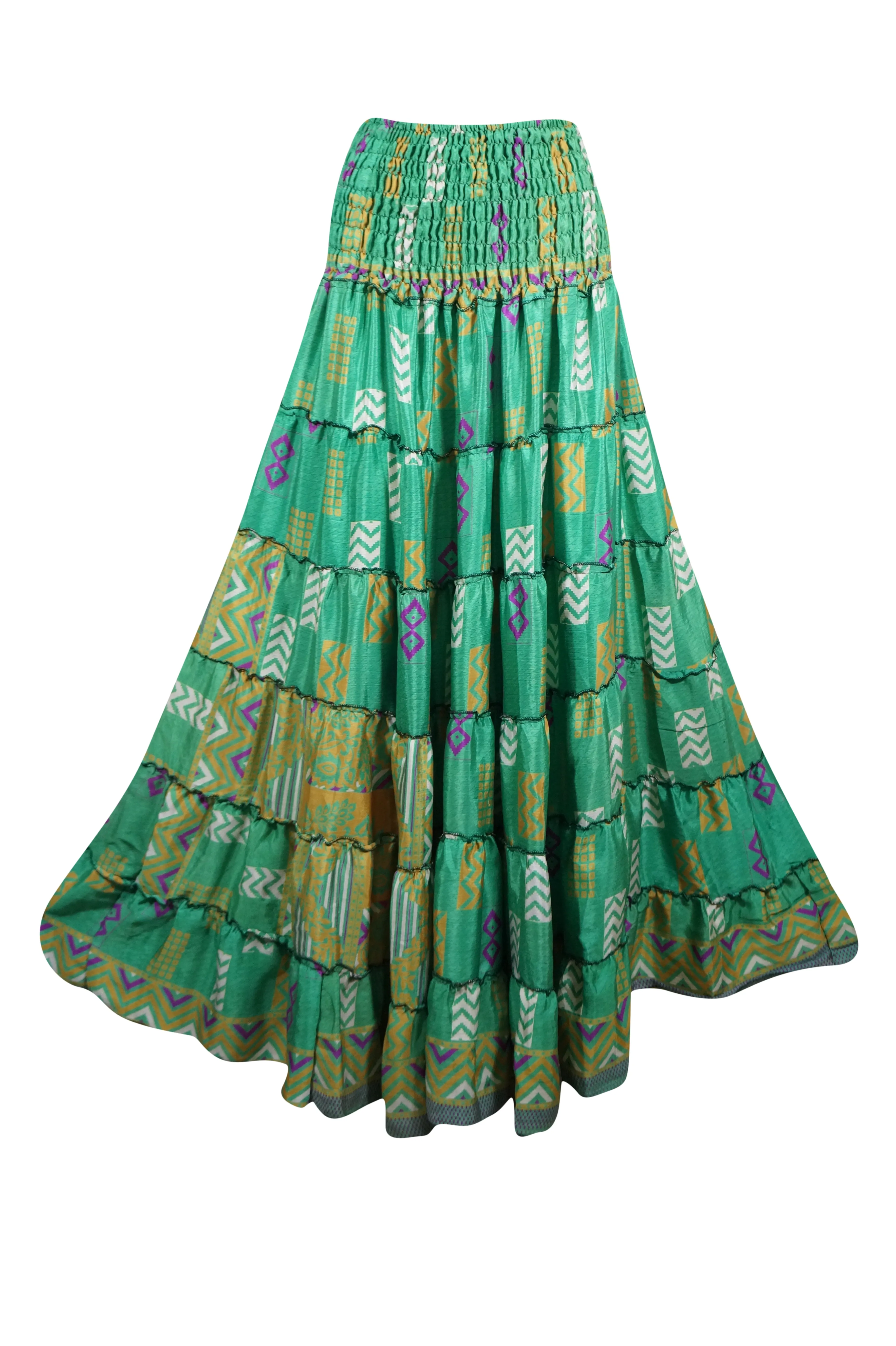 Summer Jungle Green Floral Beach Maxi Skirt Patchwork Boho Skirt Dress S/M