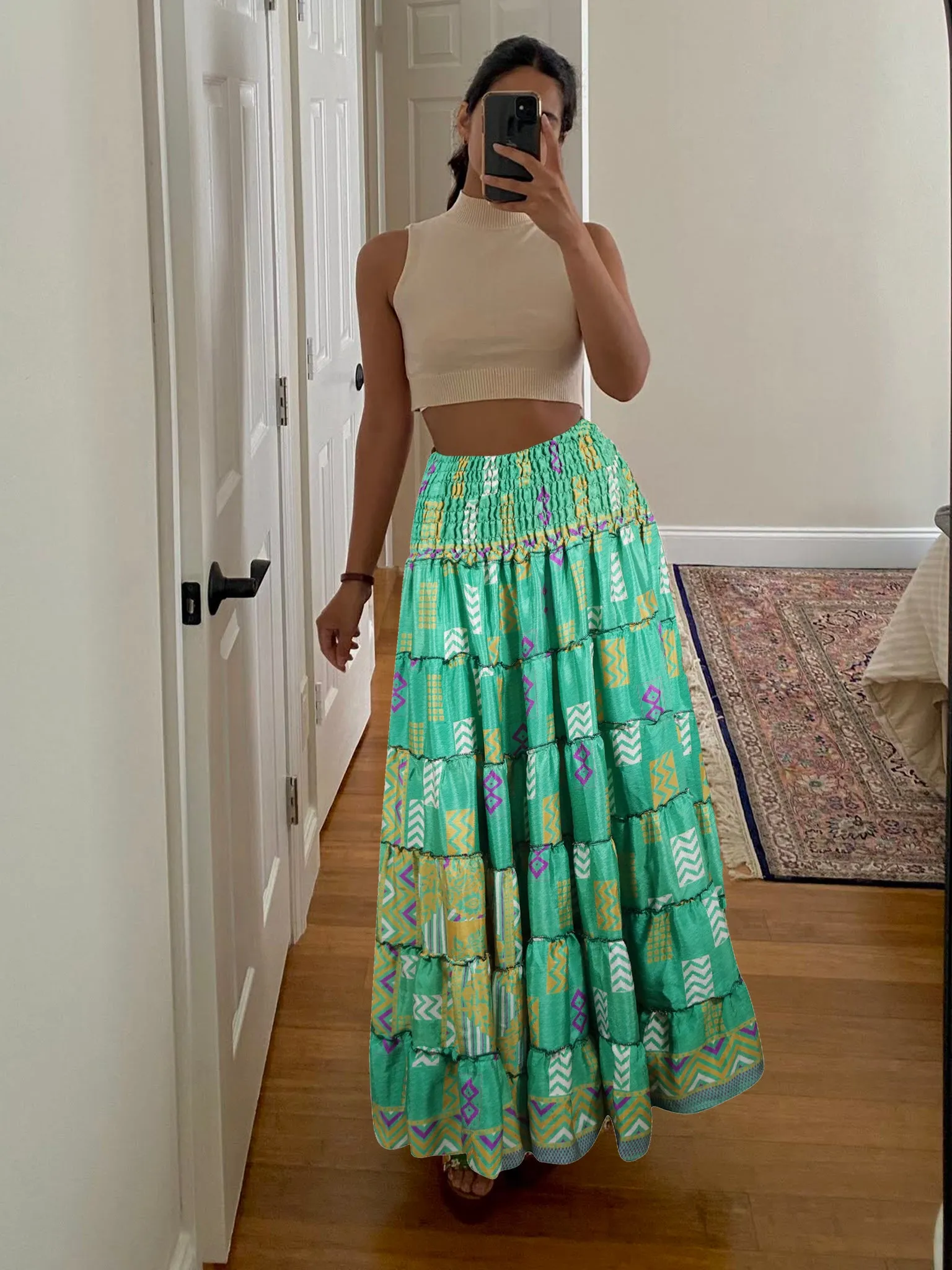 Summer Jungle Green Floral Beach Maxi Skirt Patchwork Boho Skirt Dress S/M