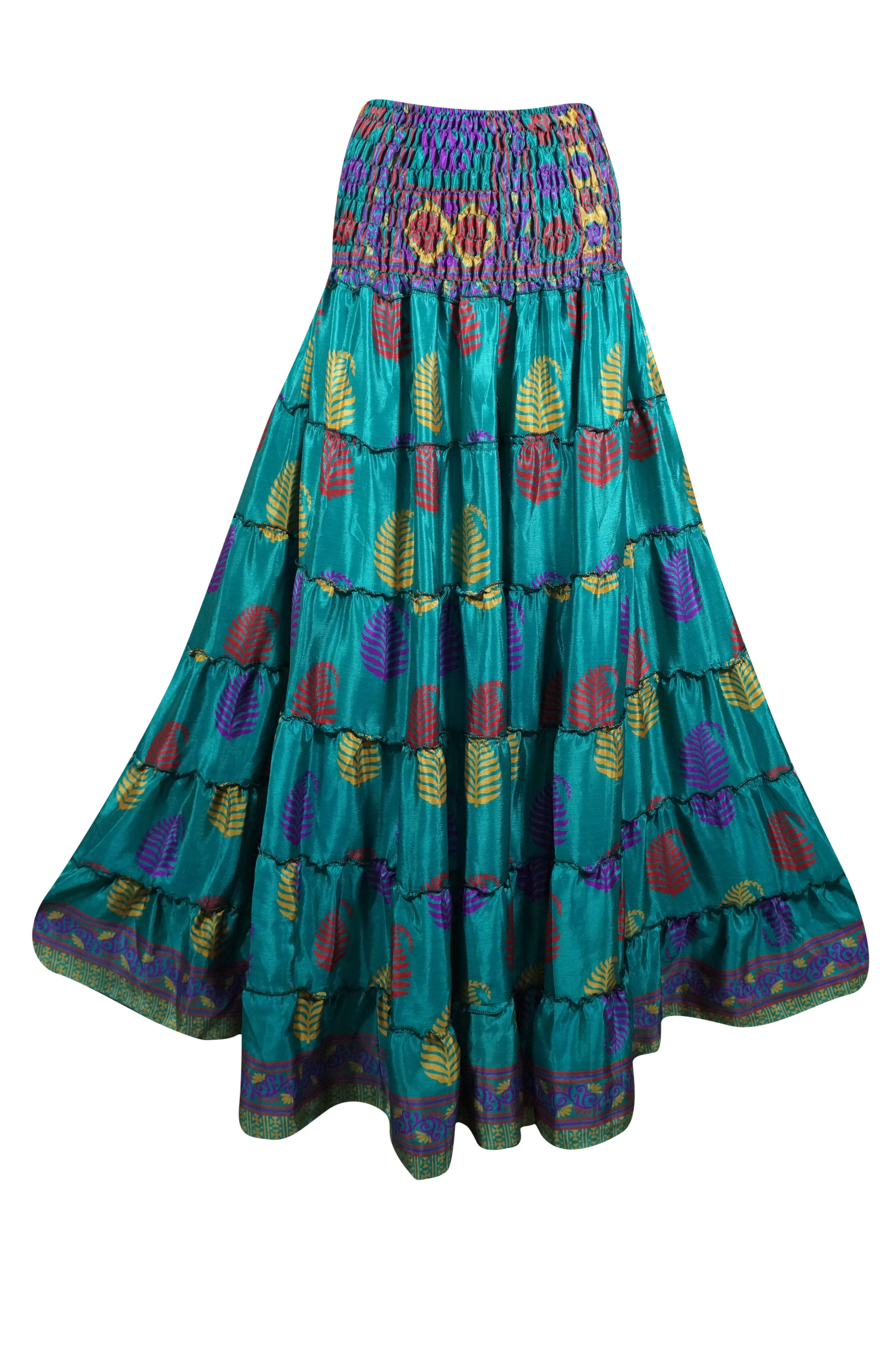 Summer Sea Blue Floral Beach Maxi Skirt Patchwork Boho Skirt Dress S/M