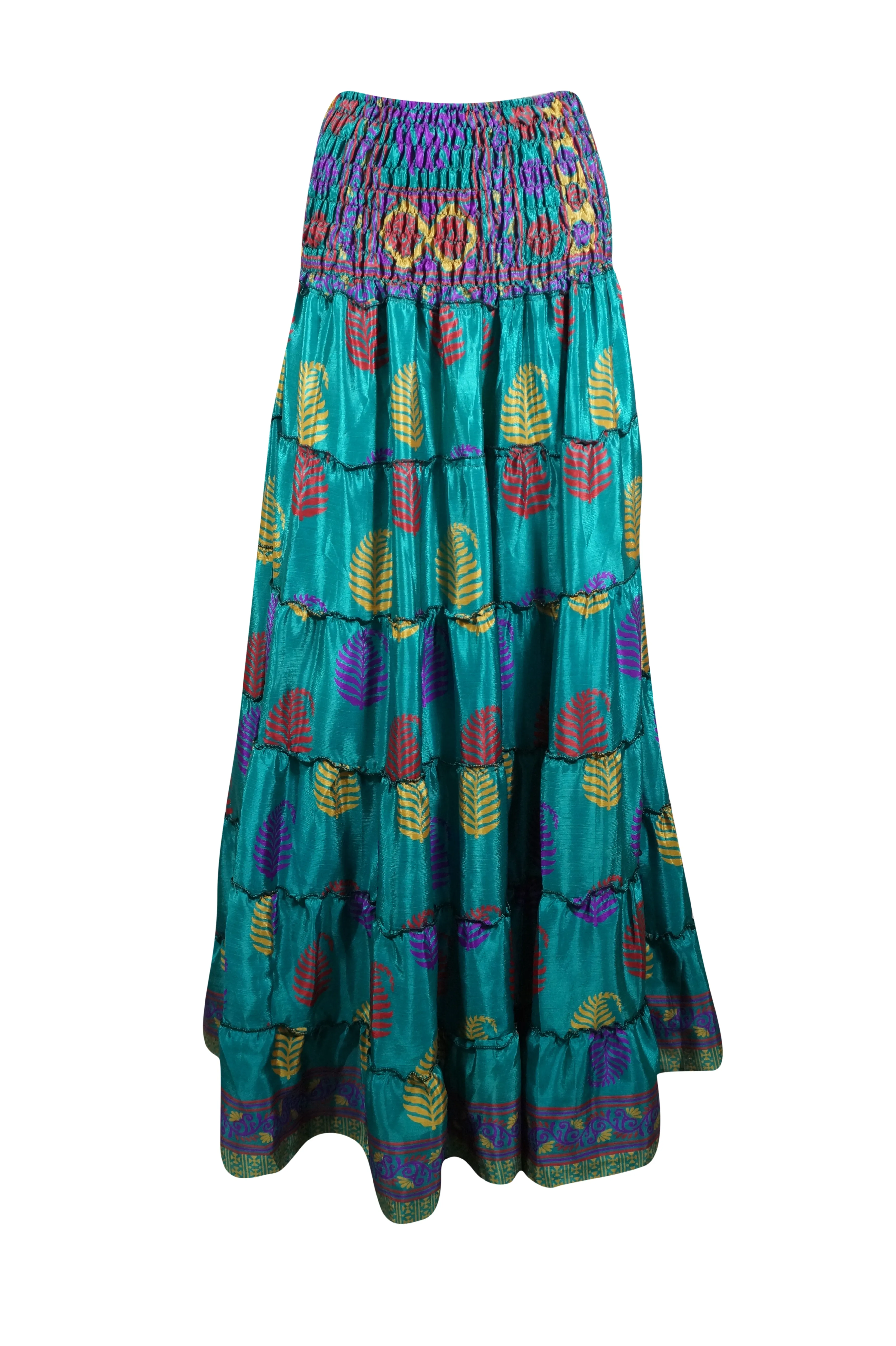 Summer Sea Blue Floral Beach Maxi Skirt Patchwork Boho Skirt Dress S/M