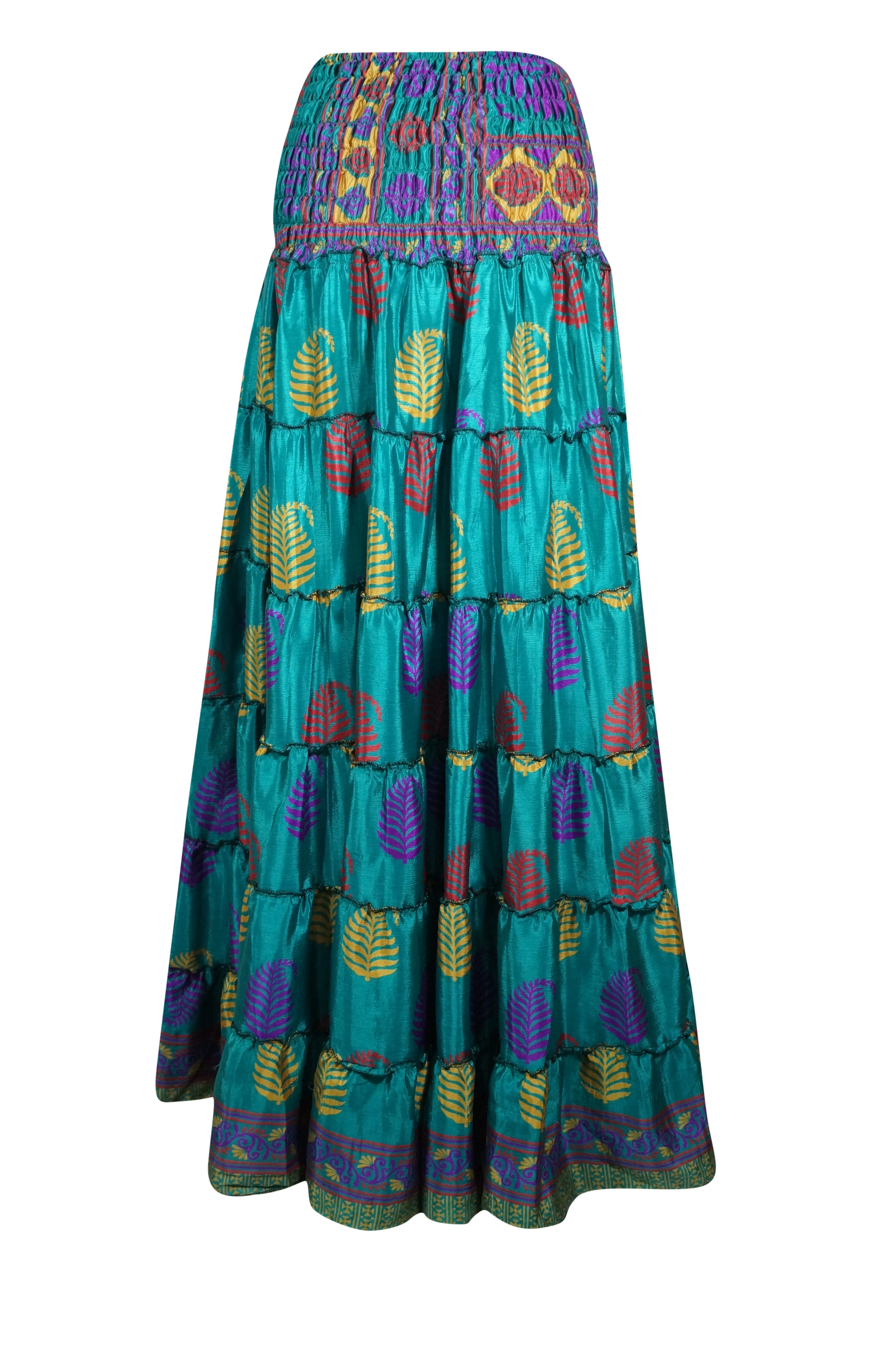 Summer Sea Blue Floral Beach Maxi Skirt Patchwork Boho Skirt Dress S/M