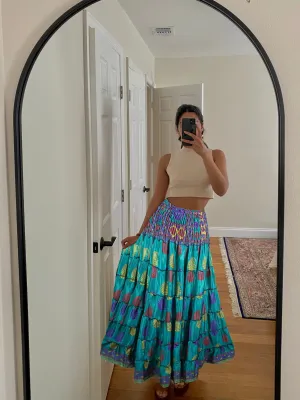 Summer Sea Blue Floral Beach Maxi Skirt Patchwork Boho Skirt Dress S/M