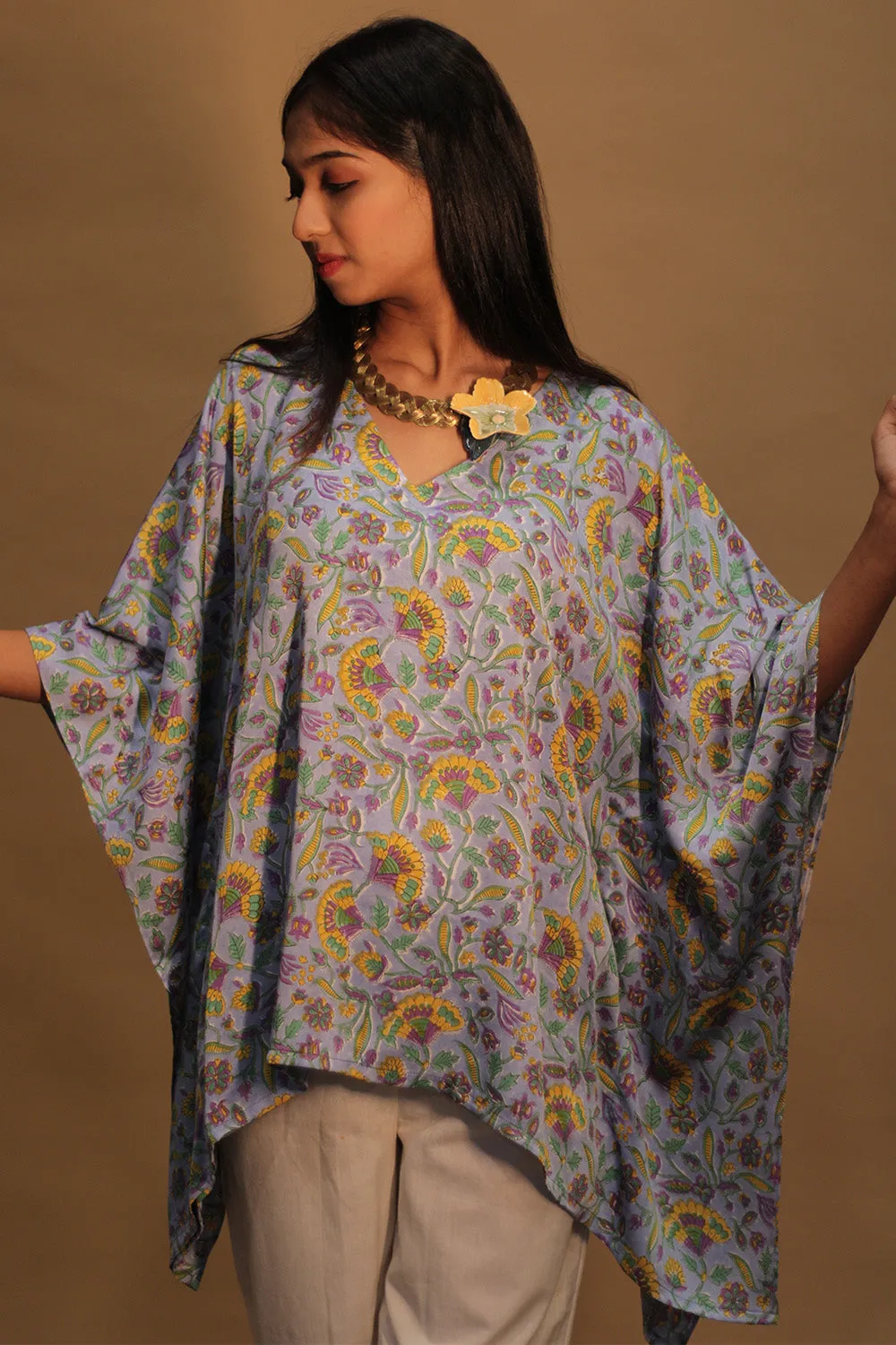 Taarini | Modal Silk Kaftan Top | Cornflower Blue Sanganeri