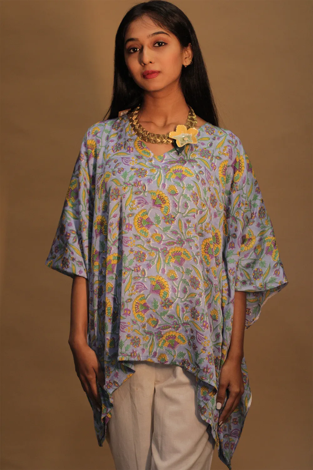 Taarini | Modal Silk Kaftan Top | Cornflower Blue Sanganeri
