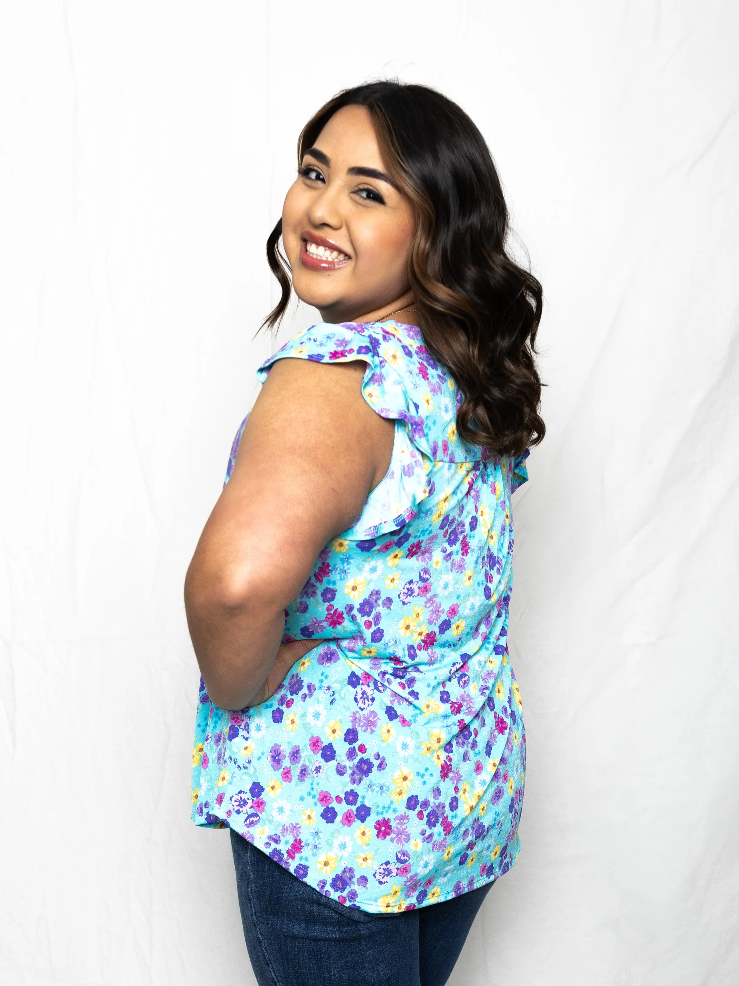 Teal Floral Lizzy Flutter Tank