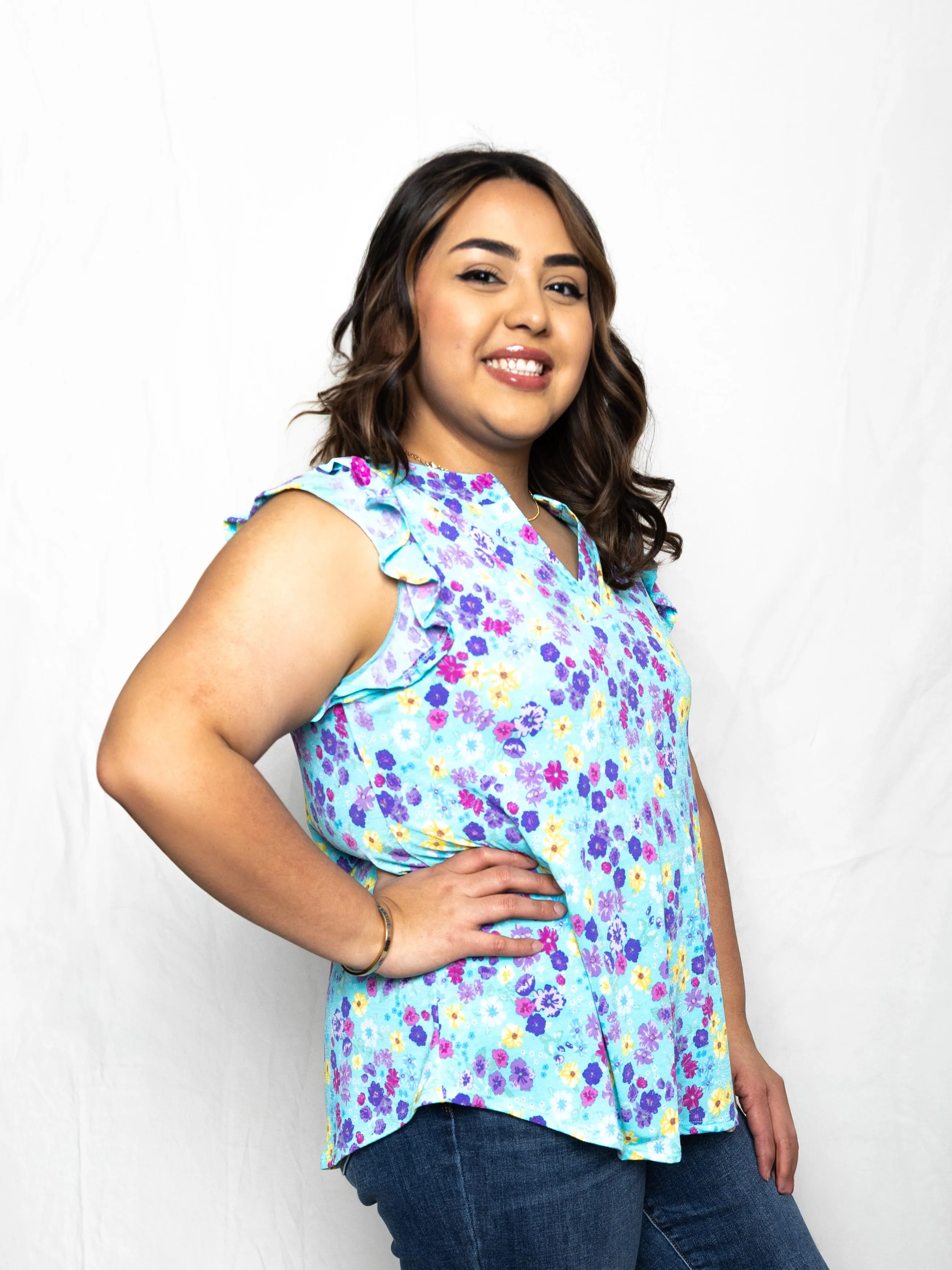 Teal Floral Lizzy Flutter Tank