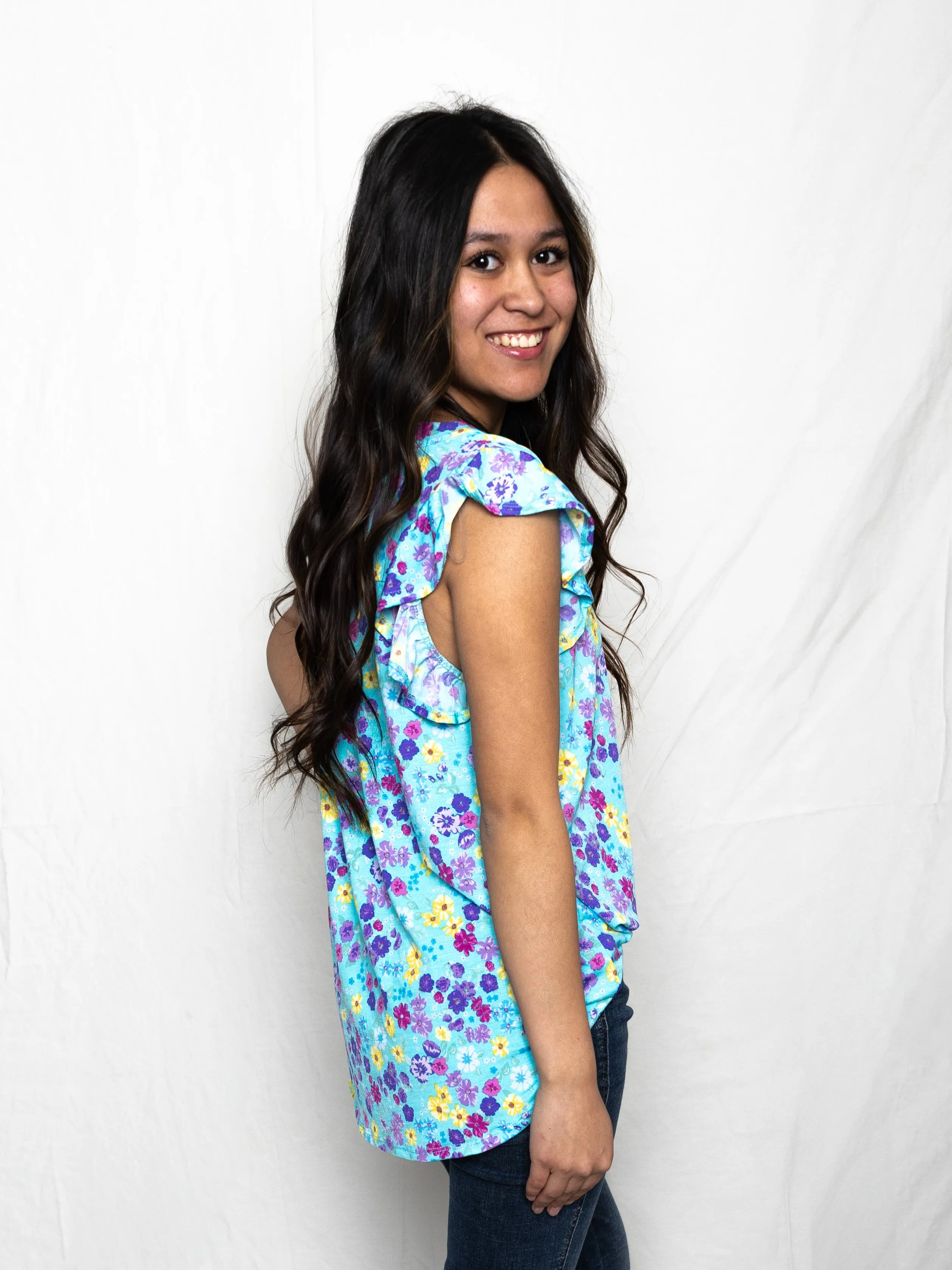 Teal Floral Lizzy Flutter Tank