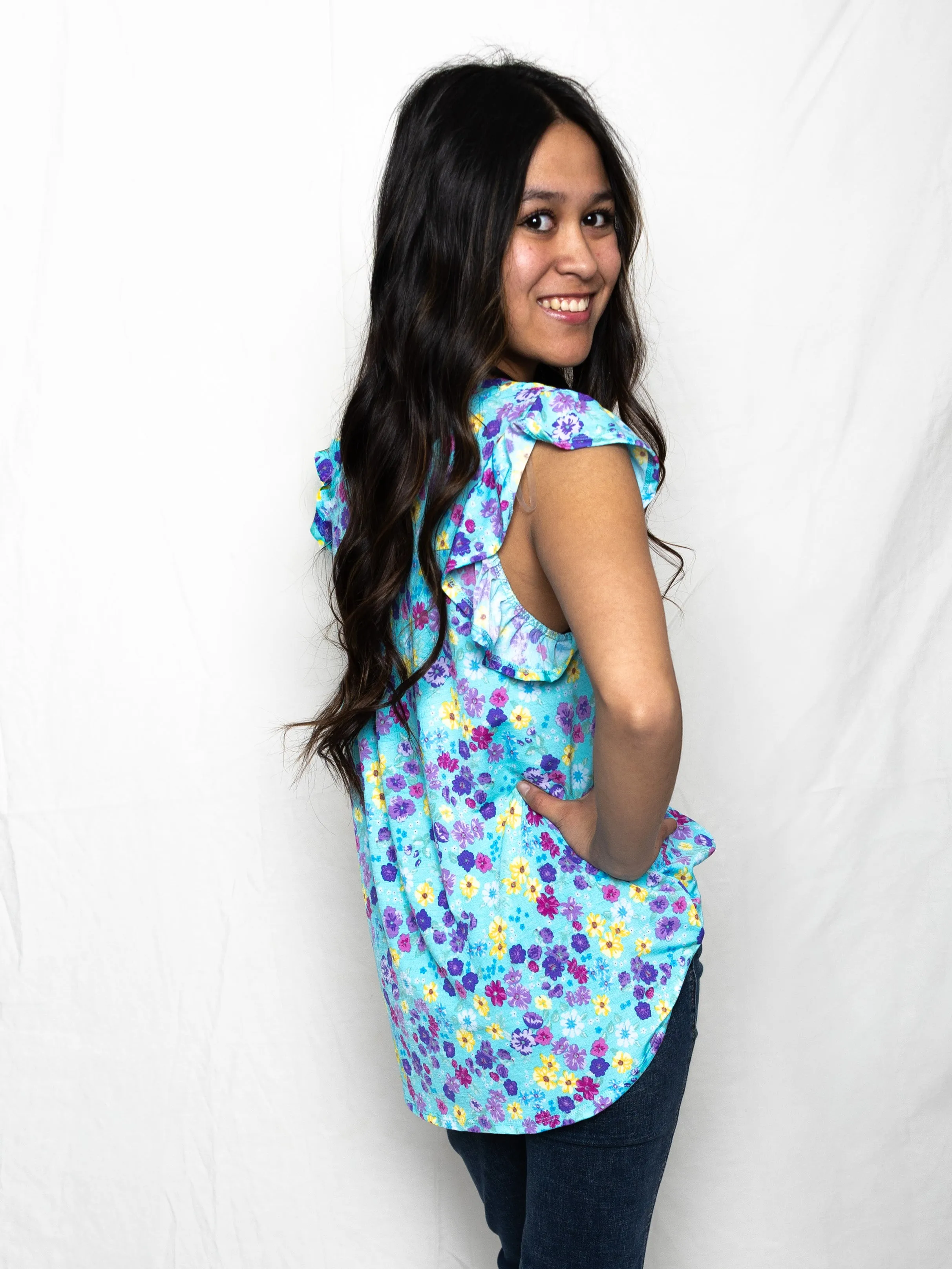 Teal Floral Lizzy Flutter Tank