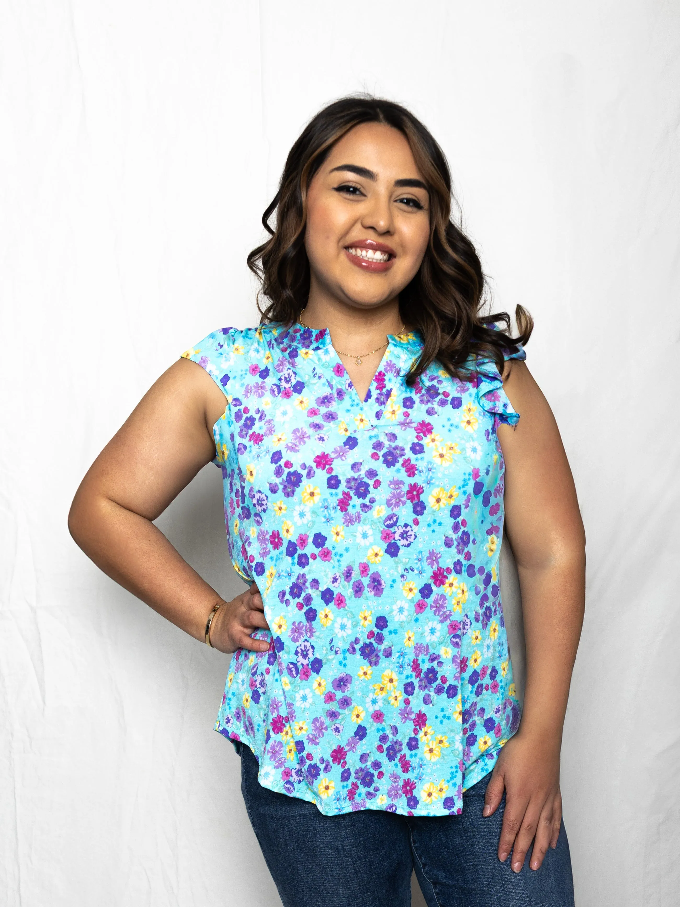 Teal Floral Lizzy Flutter Tank