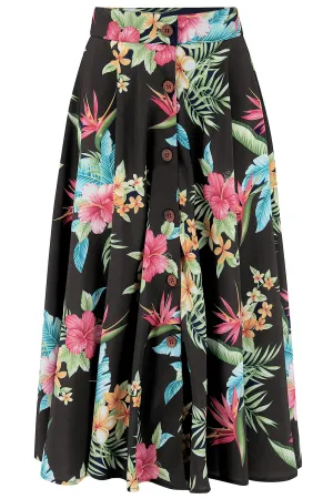 The "Beverly" Button Front Full Circle Skirt with Pockets in Black Honolulu Print, True 1950s Vintage Style