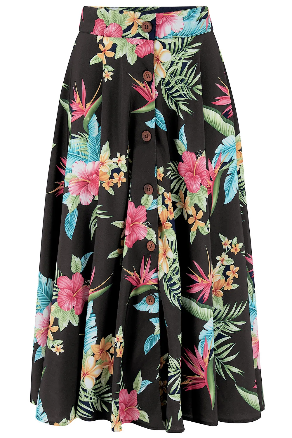The "Beverly" Button Front Full Circle Skirt with Pockets in Black Honolulu Print, True 1950s Vintage Style