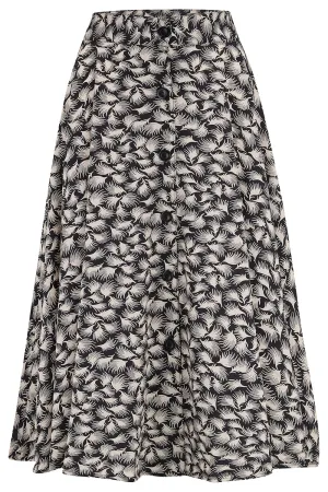 The "Beverly" Button Front Full Circle Skirt with Pockets in Black Whisp Print, True 1950s Vintage Style
