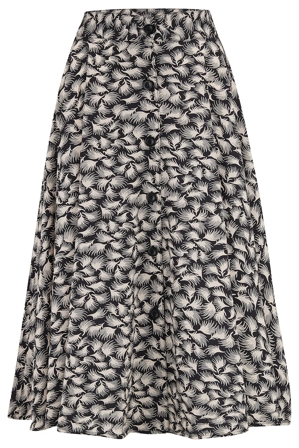 The "Beverly" Button Front Full Circle Skirt with Pockets in Black Whisp Print, True 1950s Vintage Style