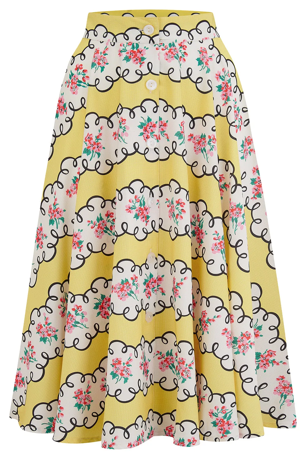 The "Beverly" Button Front Full Circle Skirt with Pockets in Daydream Print, True 1950s Vintage Style