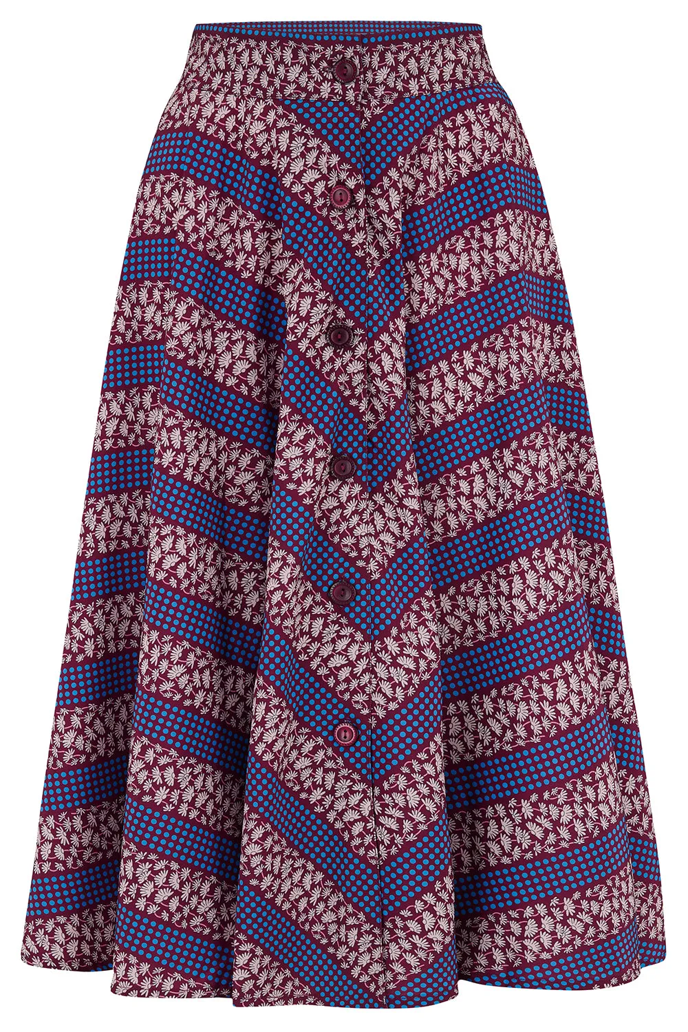 The "Beverly" Button Front Full Circle Skirt with Pockets in Dotty Deco Print, True 1950s Vintage Style