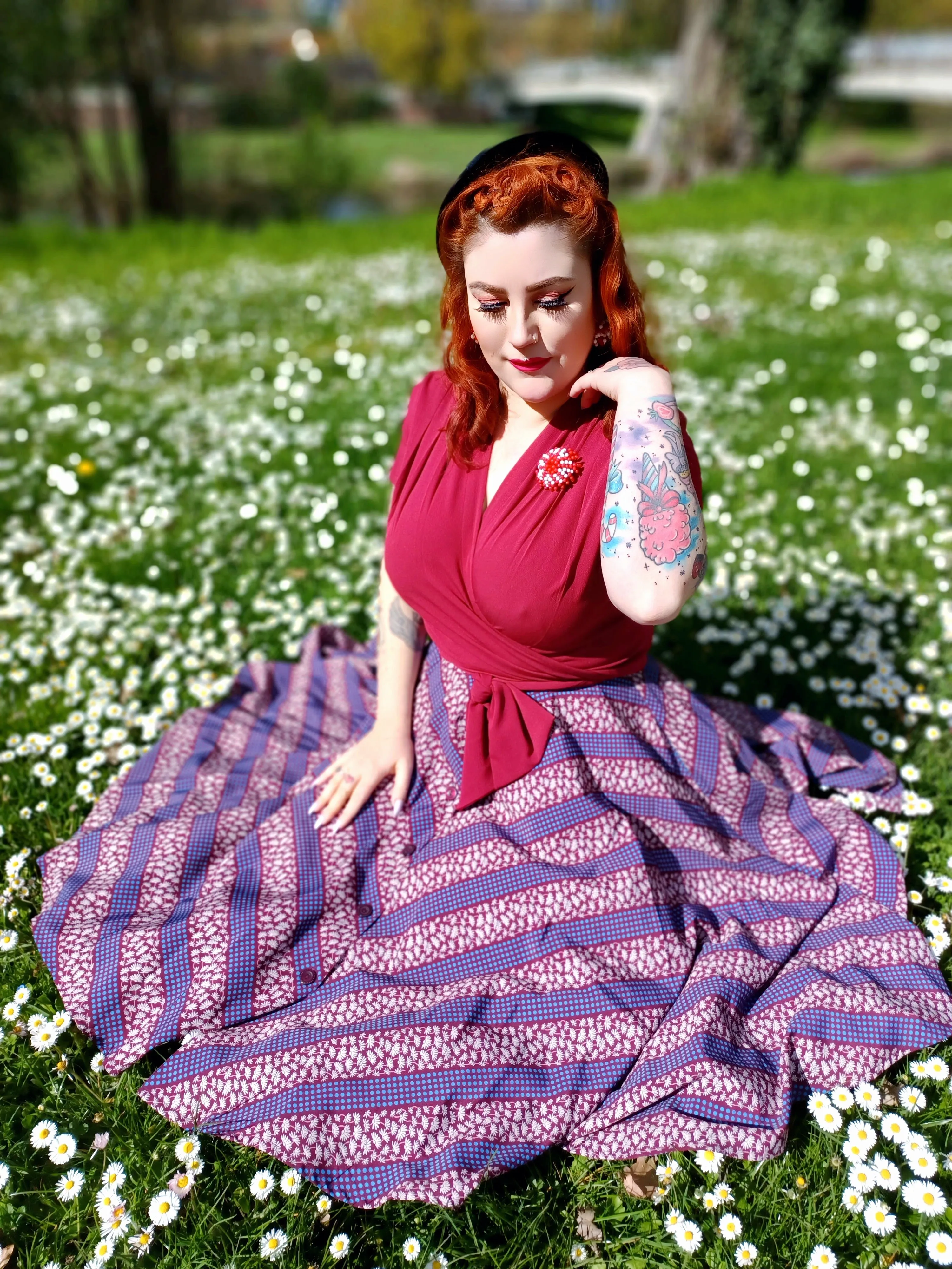 The "Beverly" Button Front Full Circle Skirt with Pockets in Dotty Deco Print, True 1950s Vintage Style