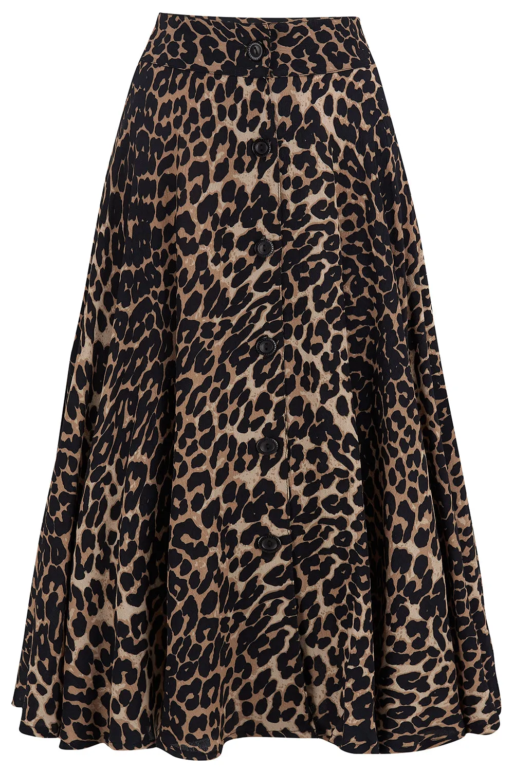 The "Beverly" Button Front Full Circle Skirt with Pockets in Leopard Print, True 1950s Vintage Style